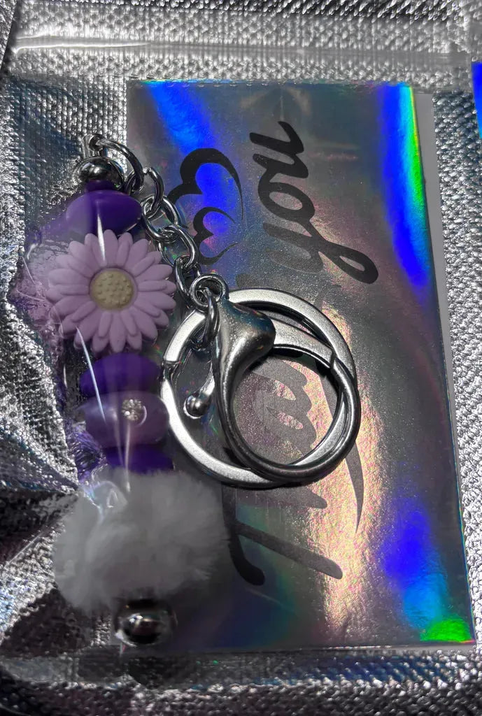 Handmade purple flower beaded keychain, personalized, stylish, by Whoops Creations