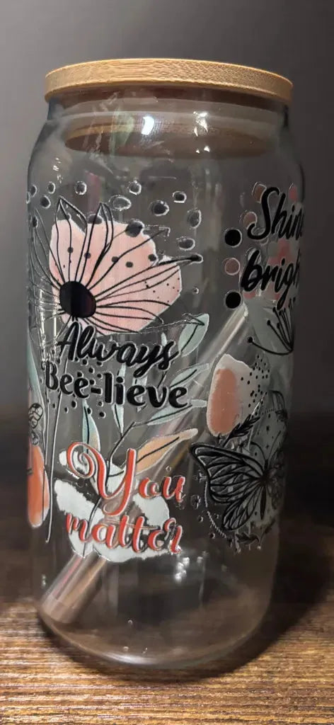 You Matter glass can cup with bamboo lid, metal straw, floral design, motivational phrases, Whoops Creations