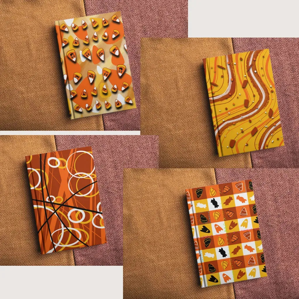 Mockup of four books showing the Candy Corn striped digital paper design printed on their covers, perfect for spooky season crafts.