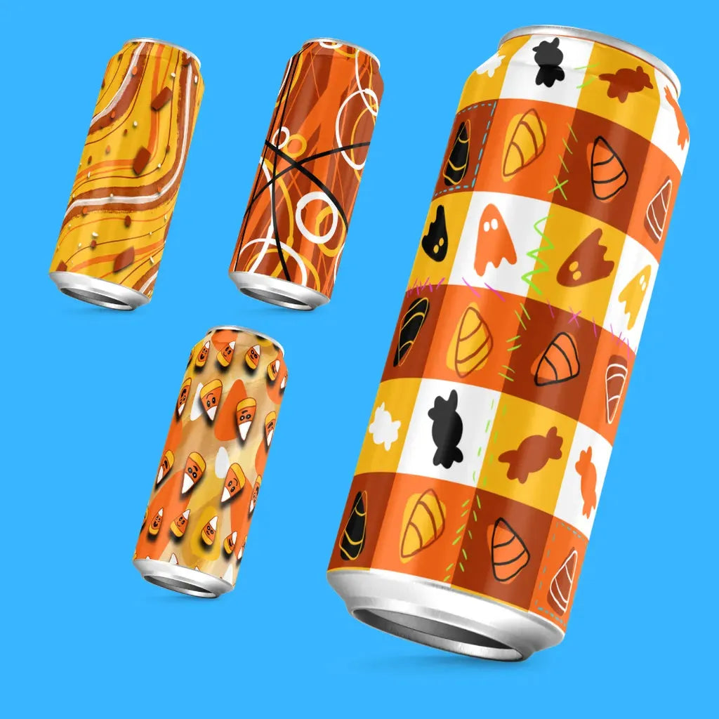 Mockup of four beverage cans showing the Candy Corn seamless pattern applied to the labels, ideal for Halloween parties.