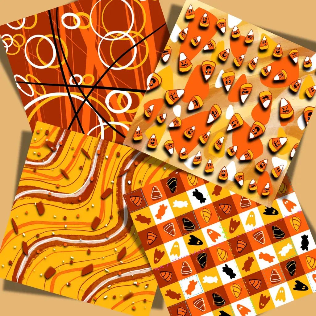 Display of the 4 coordinating Candy Corn digital papers in a grid, showing the main triangle pattern and three matching striped textures.