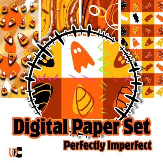 Cover graphic for a Candy Corn digital paper set featuring 4 seamless patterns in orange, yellow, and white Halloween colors.
