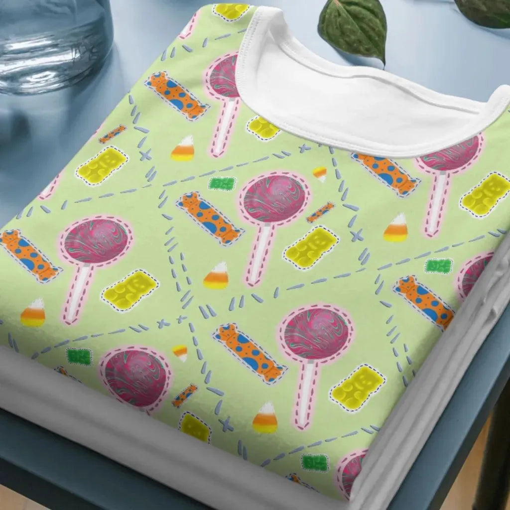 Close-up mockup of the colorful candy pattern printed on a folded short-sleeved t-shirt.