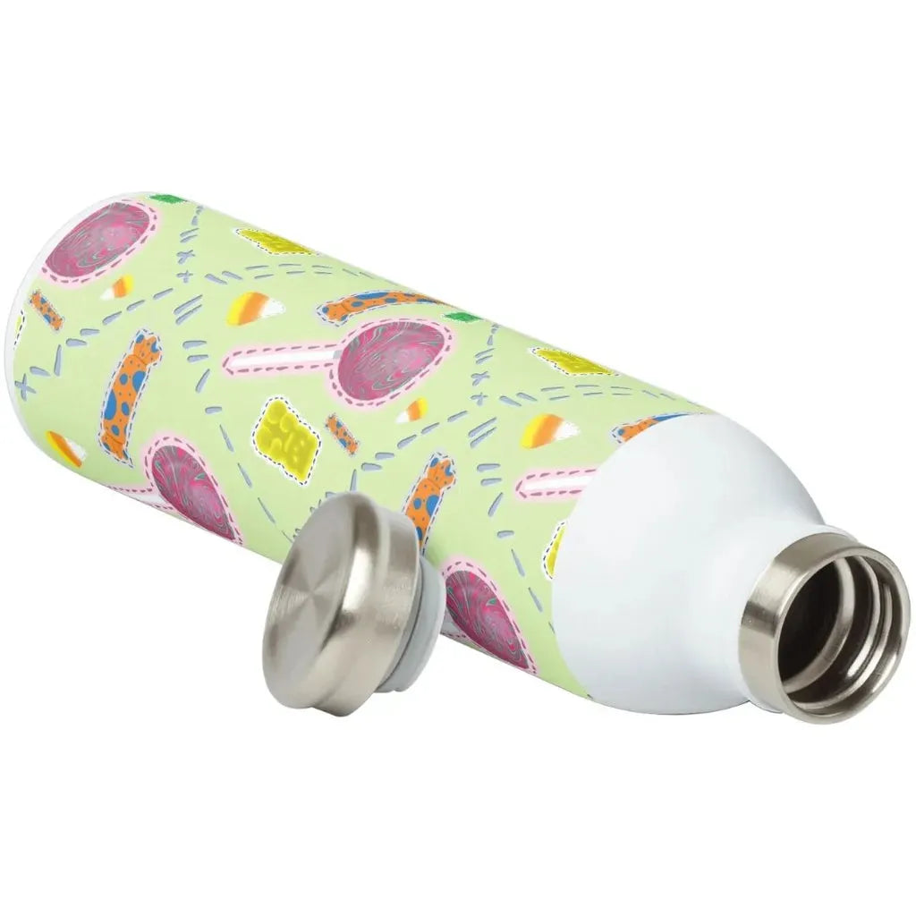 Product mockup showing the candy pattern printed on a white insulated water bottle