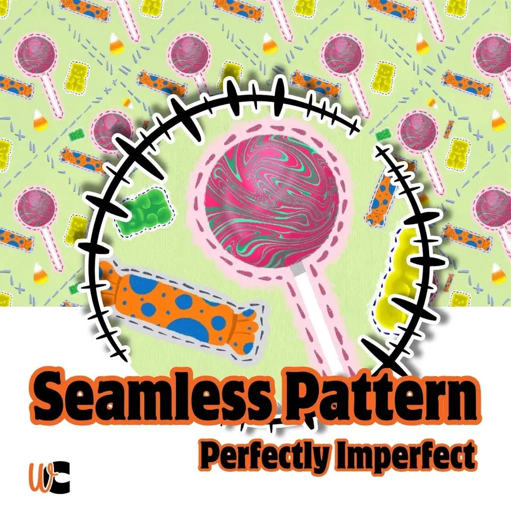 Cover graphic for a seamless digital pattern featuring whimsical lollipops, candy corn, and wrapped candies on a lime green background.