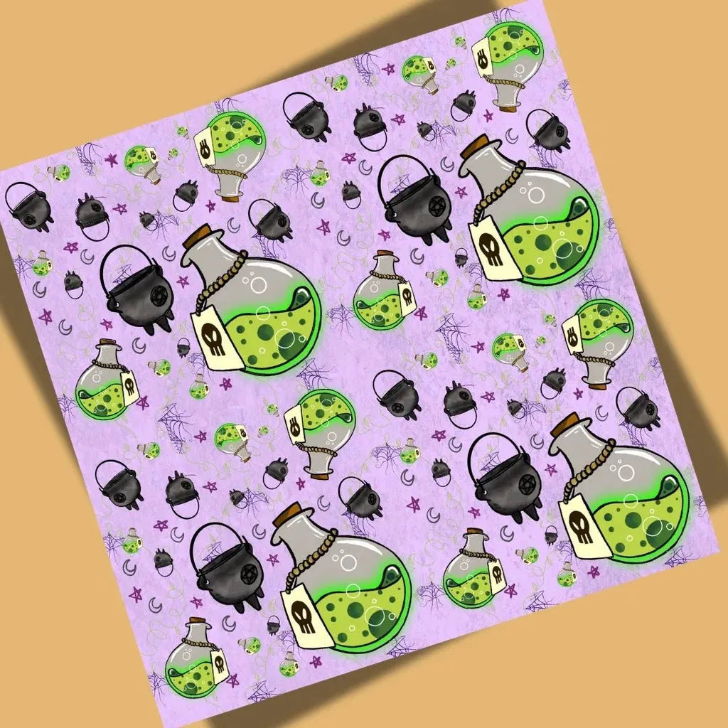 Full, close-up view of the witchy cauldrons and potions seamless pattern, showing green liquid and small skull accents