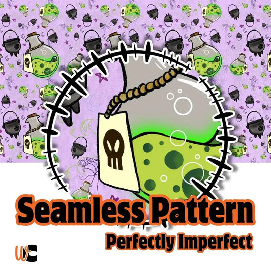 Cover graphic for a seamless digital pattern featuring bubbling cauldrons, potion bottles, and floating skulls on a light purple background.