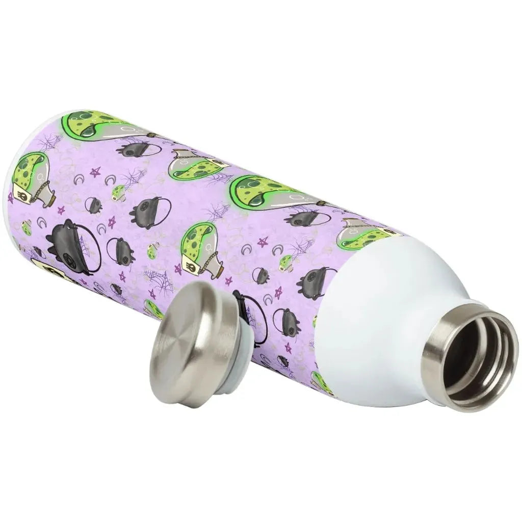 Product mockup showing the spooky potions pattern printed on a white insulated water bottle.