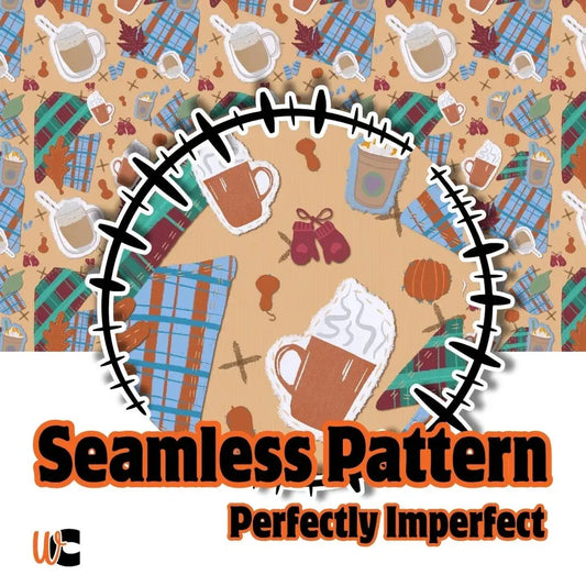 Cover graphic for a seamless digital pattern featuring hot cocoa mugs, whipped cream, and plaid leaves on a warm taupe background.