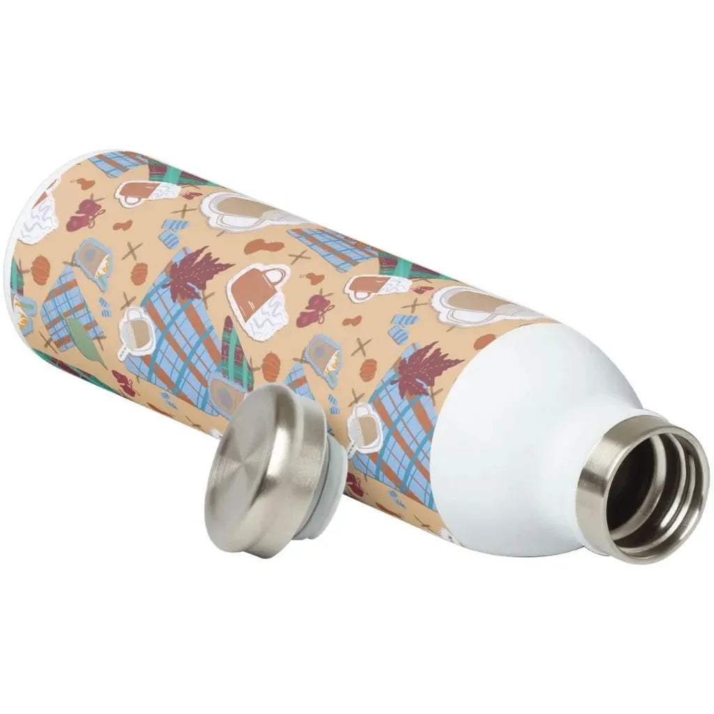 Product mockup showing the fall drinks pattern printed on a white insulated water bottle.