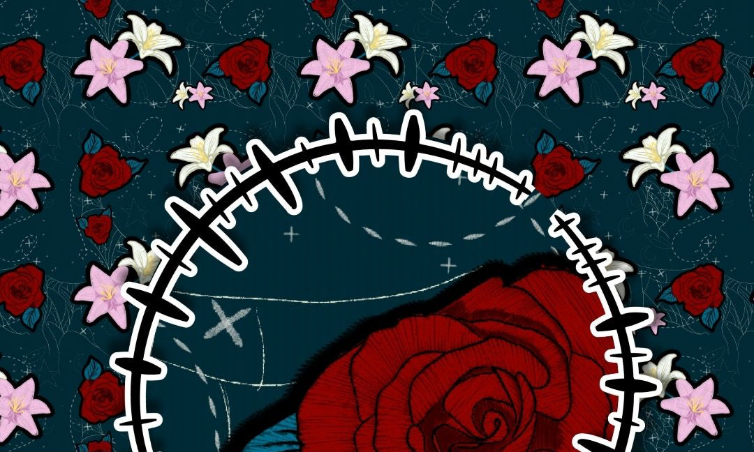 Cover graphic for a dark, seamless digital pattern featuring gothic florals, subtle skulls, and creepy elements on a black background.