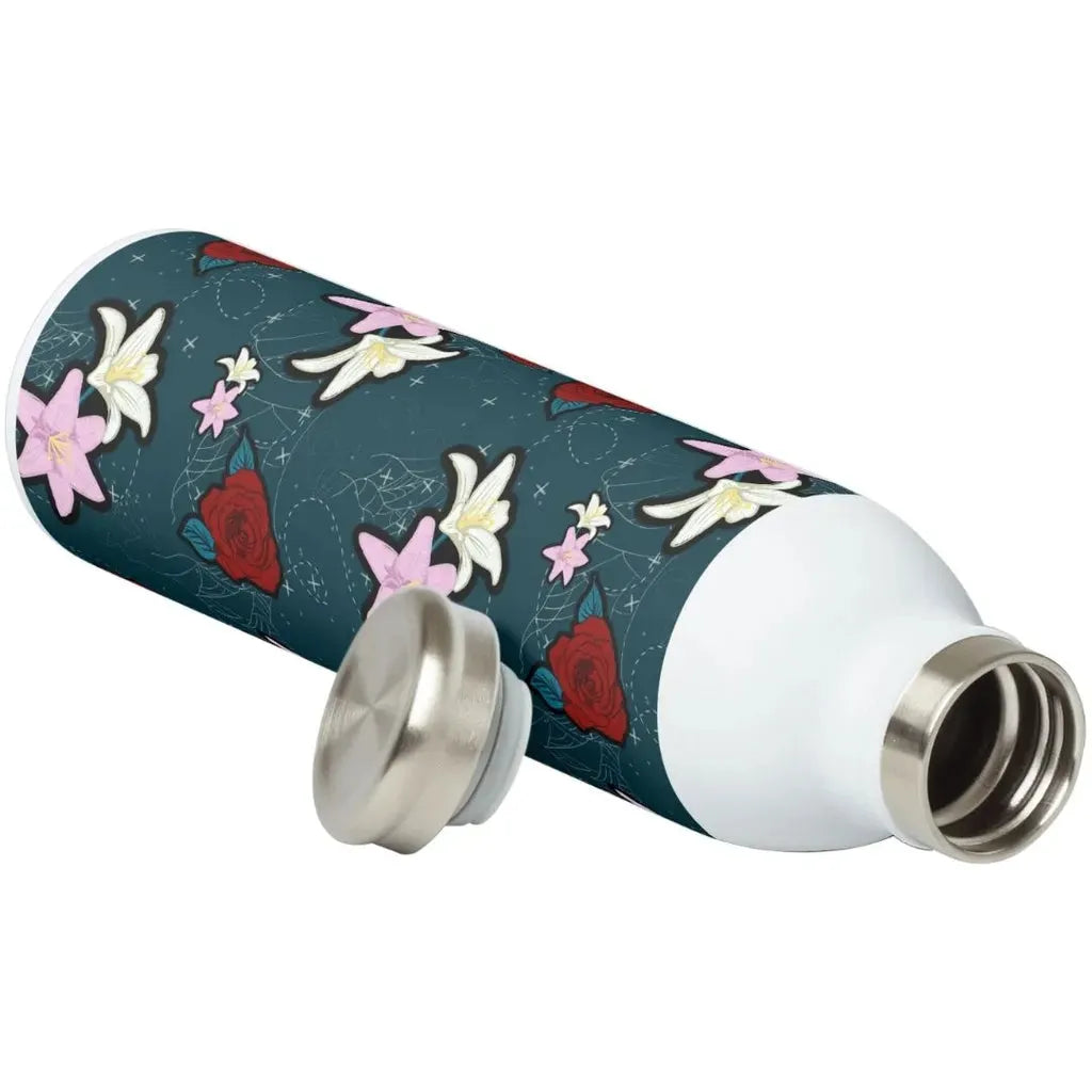Product mockup showing the gothic floral pattern printed on a white insulated water bottle.