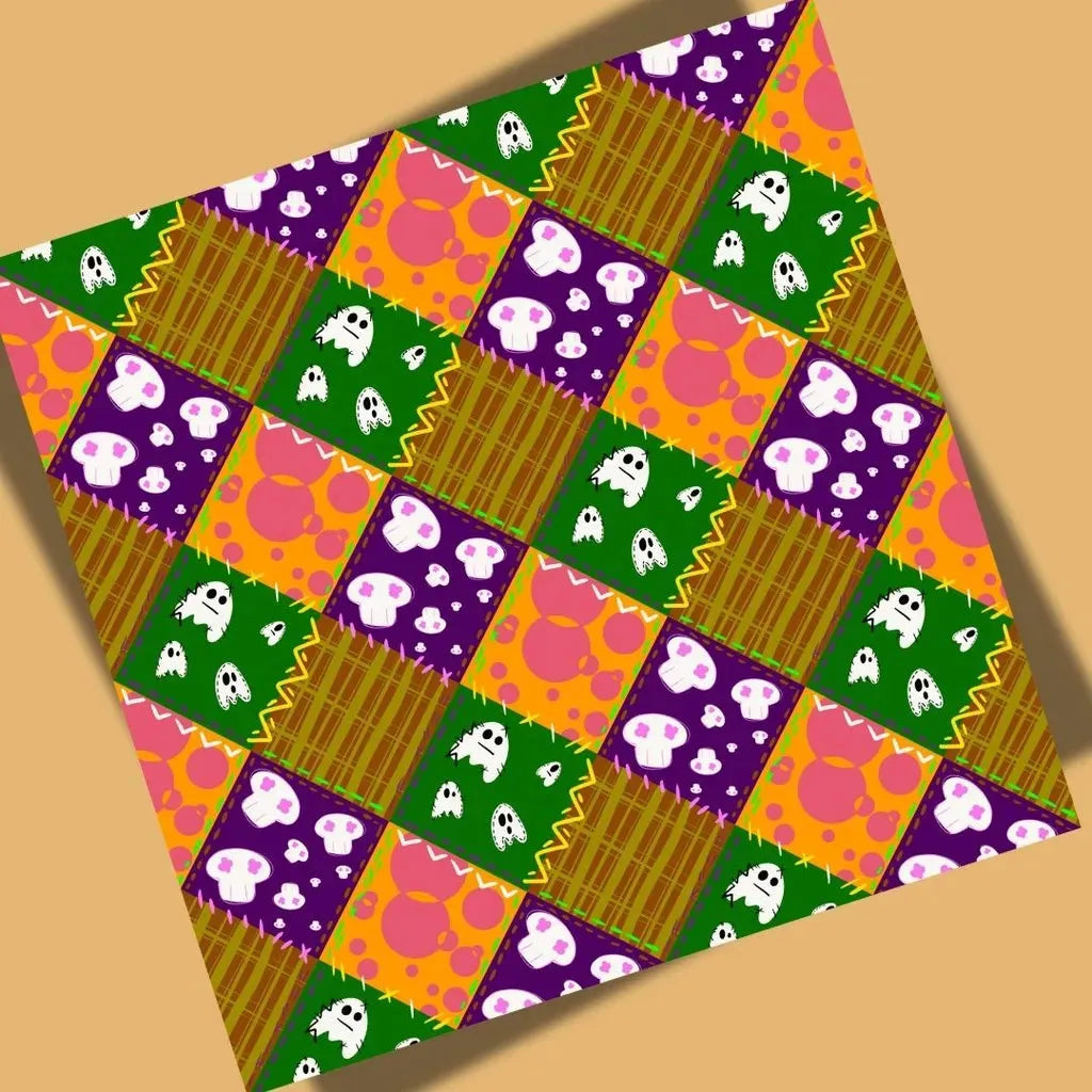 Full, detailed view of the Halloween patchwork seamless pattern, displaying the repeat tile and high-quality digital texture.