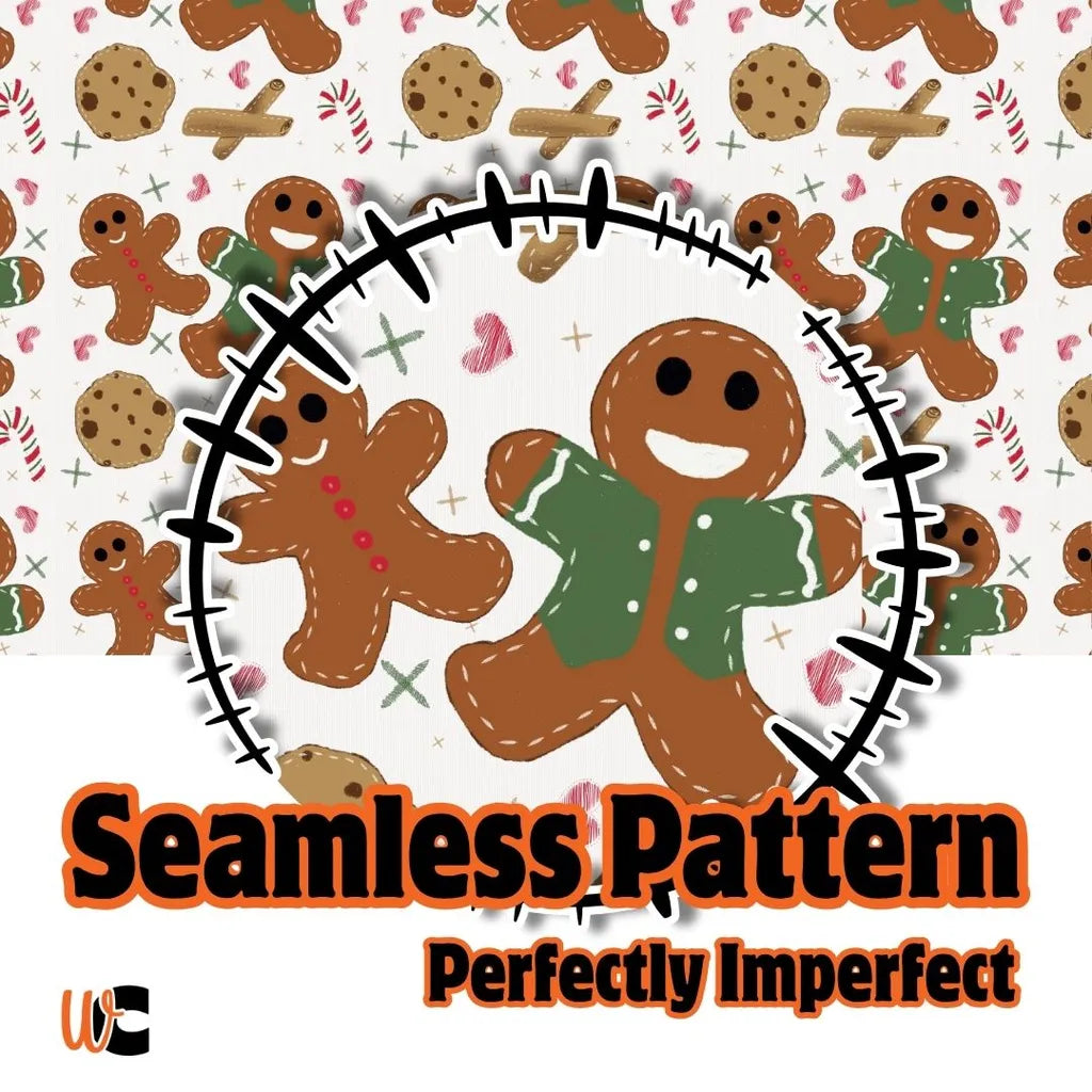 Cover graphic for a seamless digital pattern featuring whimsical gingerbread men, sugar cookies, and festive holiday sprinkles on a white background.
