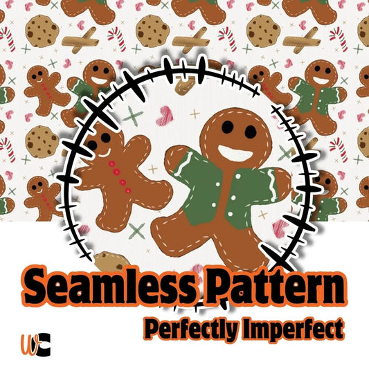 Cover graphic for a seamless digital pattern featuring whimsical gingerbread men, sugar cookies, and festive holiday sprinkles on a white background.