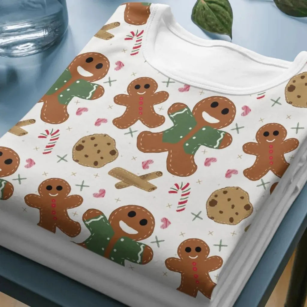 Close-up mockup of the festive gingerbread pattern printed on a folded short-sleeved t-shirt.