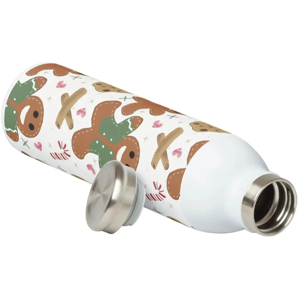 Product mockup showing the holiday cookie pattern printed on a white insulated water bottle.