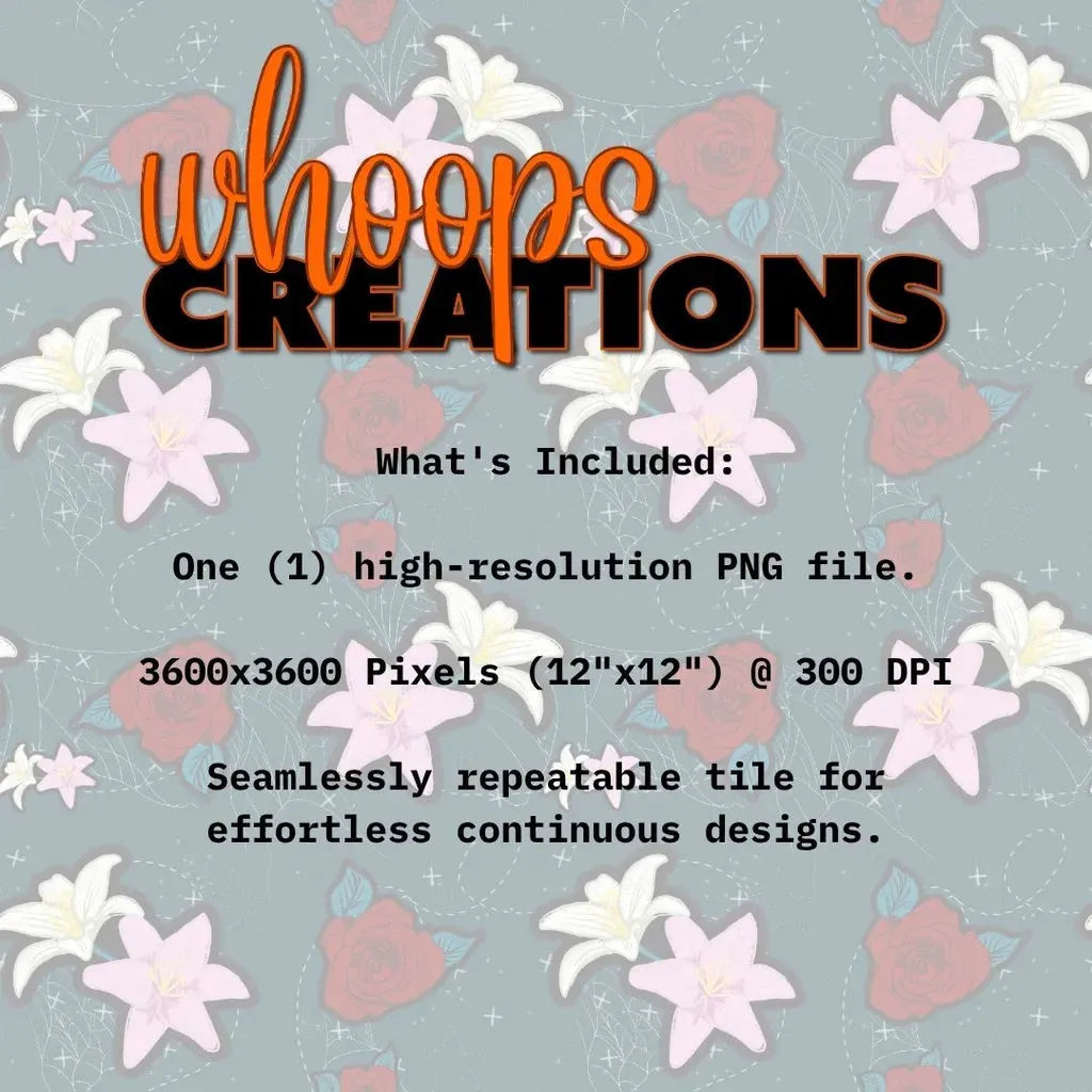 Graphic detailing what is included in the digital download: High-resolution 300 DPI PNG file and the seamlessly repeatable tile.