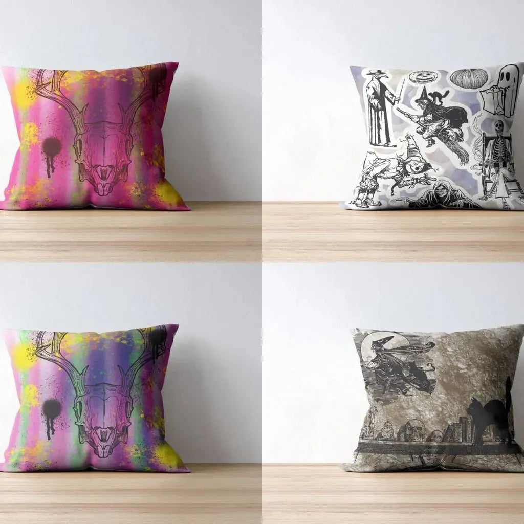 Four throw pillow mockups side-by-side, showcasing the repeating dark grunge texture pattern on fabric