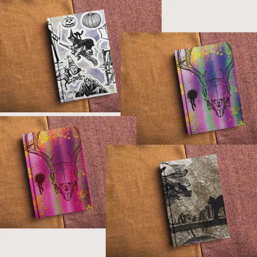 Four mockup books with the grunge texture paper design printed on the covers, demonstrating use on alternative/dark printed materials.