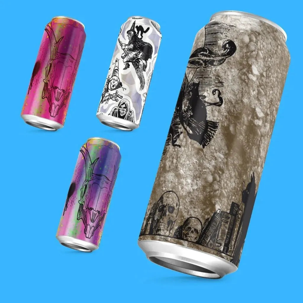 Four product mockups showing the distressed grunge texture design printed on tall, modern beverage cans.