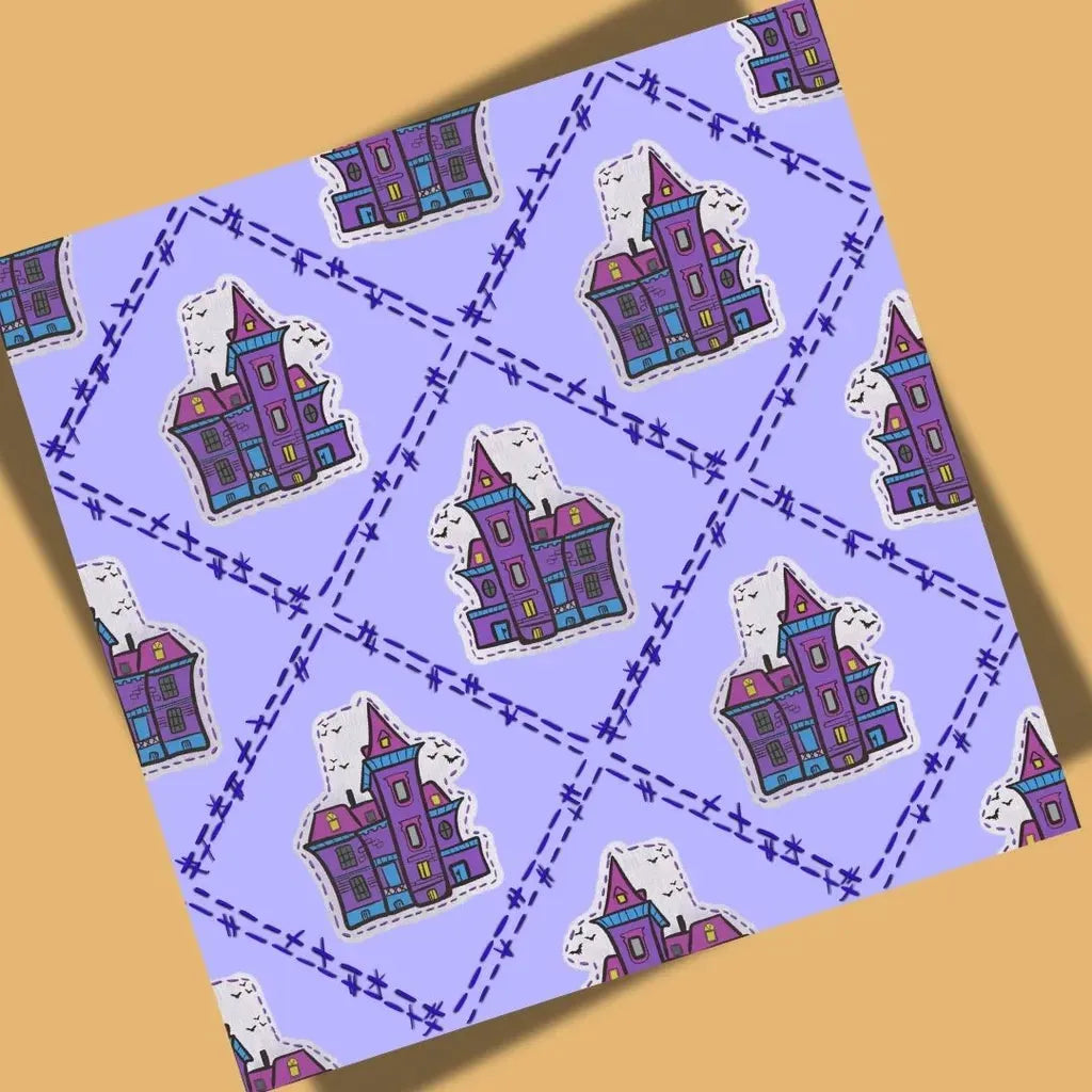 Full, close-up view of the spooky patch-style haunted house seamless pattern on a purple background.