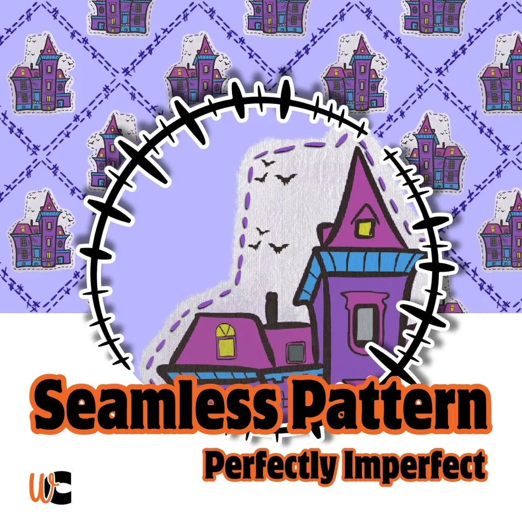 Cover graphic featuring a seamless repeat of cartoon haunted houses in purple and blue, perfect for Halloween surface design.