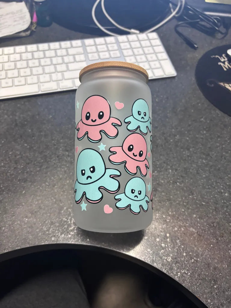 Octopus Eco-Friendly Glass Can Cup with Bamboo Lid & Metal Straw