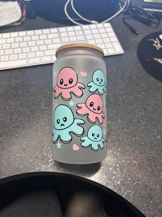 Octopus Eco-Friendly Glass Can Cup with Bamboo Lid & Metal Straw