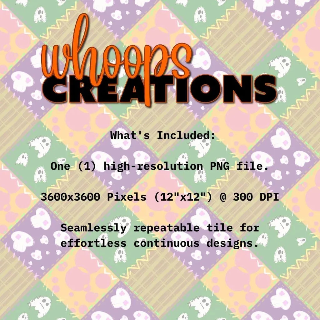 Graphic detailing what is included in the digital download: One high-resolution 300 DPI PNG file of the patchwork ghost seamless tile.