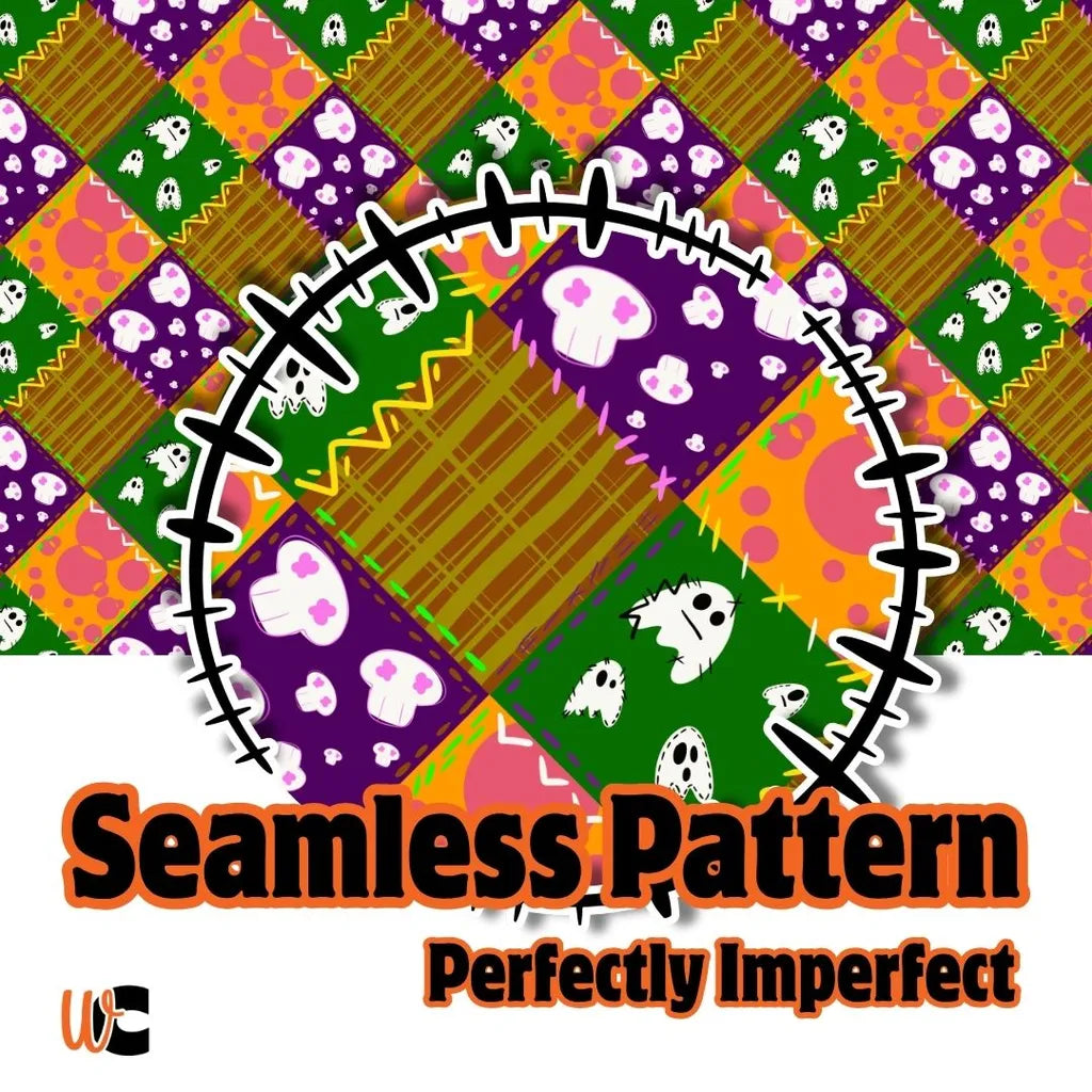 Cover graphic for a single seamless pattern file featuring a Halloween patchwork design with cute ghosts, skulls, and stars.