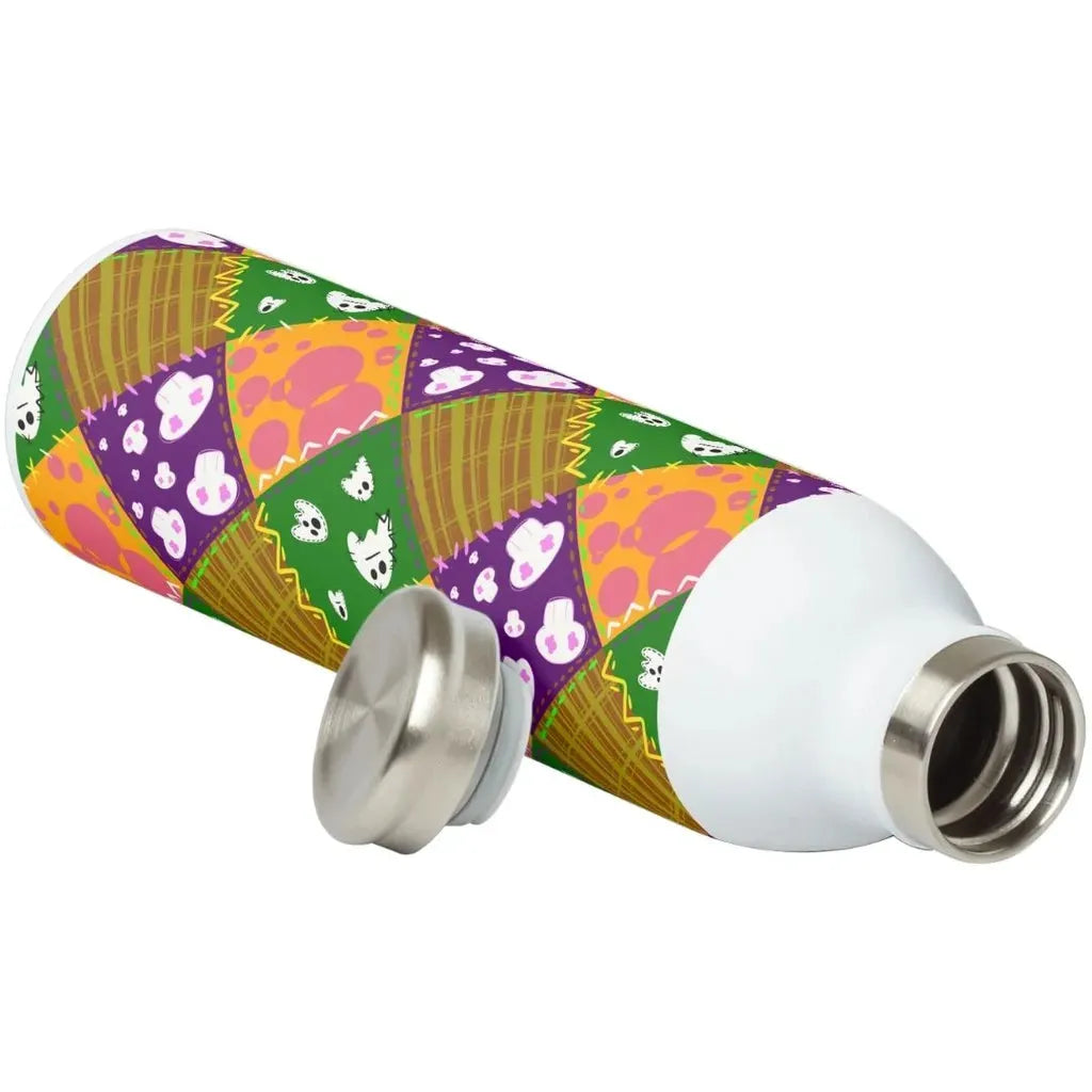 Product mockup of a metal water bottle showing the patchwork ghost pattern wrapped around the surface for Halloween crafts