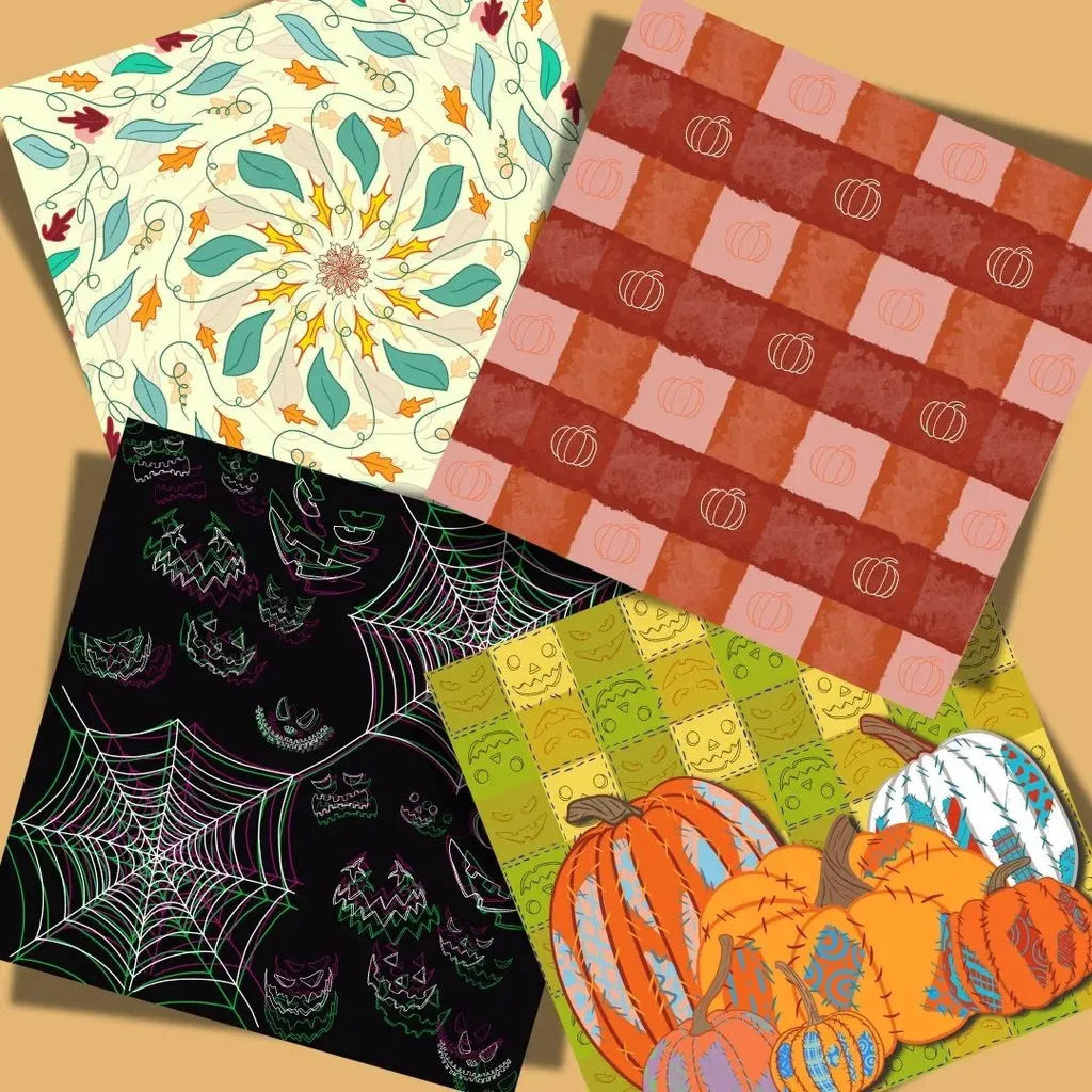 Display of four coordinating digital papers in a grid, including patchwork pumpkin, plaid, and solid fall texture patterns.