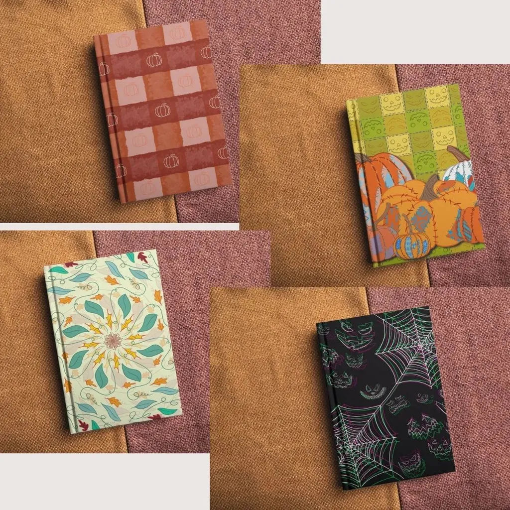 Three mockup books with the patchwork pumpkin design printed on the covers, demonstrating use on printed materials.