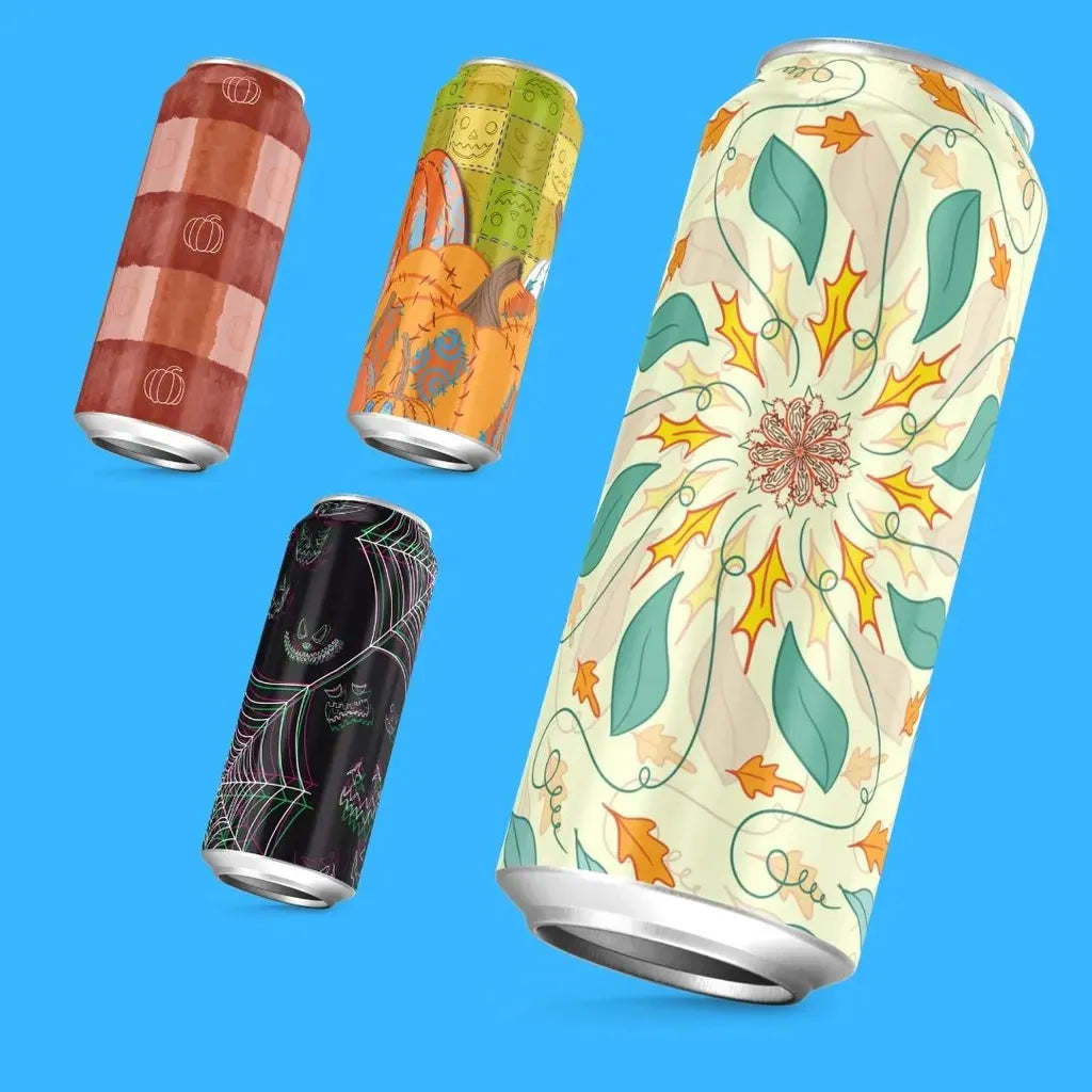 Two product mockups showing the autumn patchwork design printed on tall, modern beverage cans.
