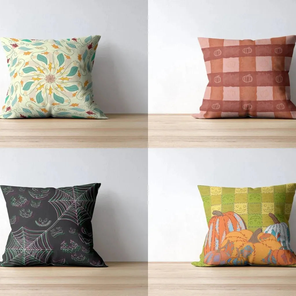 Two throw pillow mockups side-by-side, showcasing the cozy, repeating patchwork pumpkin and plaid pattern.