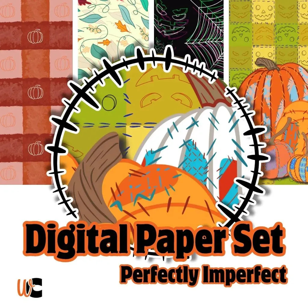 Cover graphic for a digital seamless pattern set featuring whimsical patchwork pumpkins, stars, and plaid in warm autumn colors.