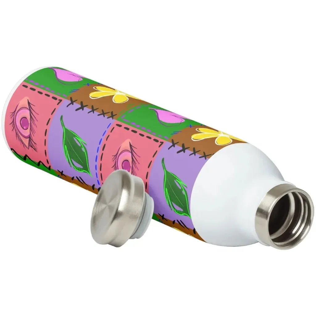 Water bottle mockup featuring the colorful quilt patchwork seamless pattern wrapped around the surface.