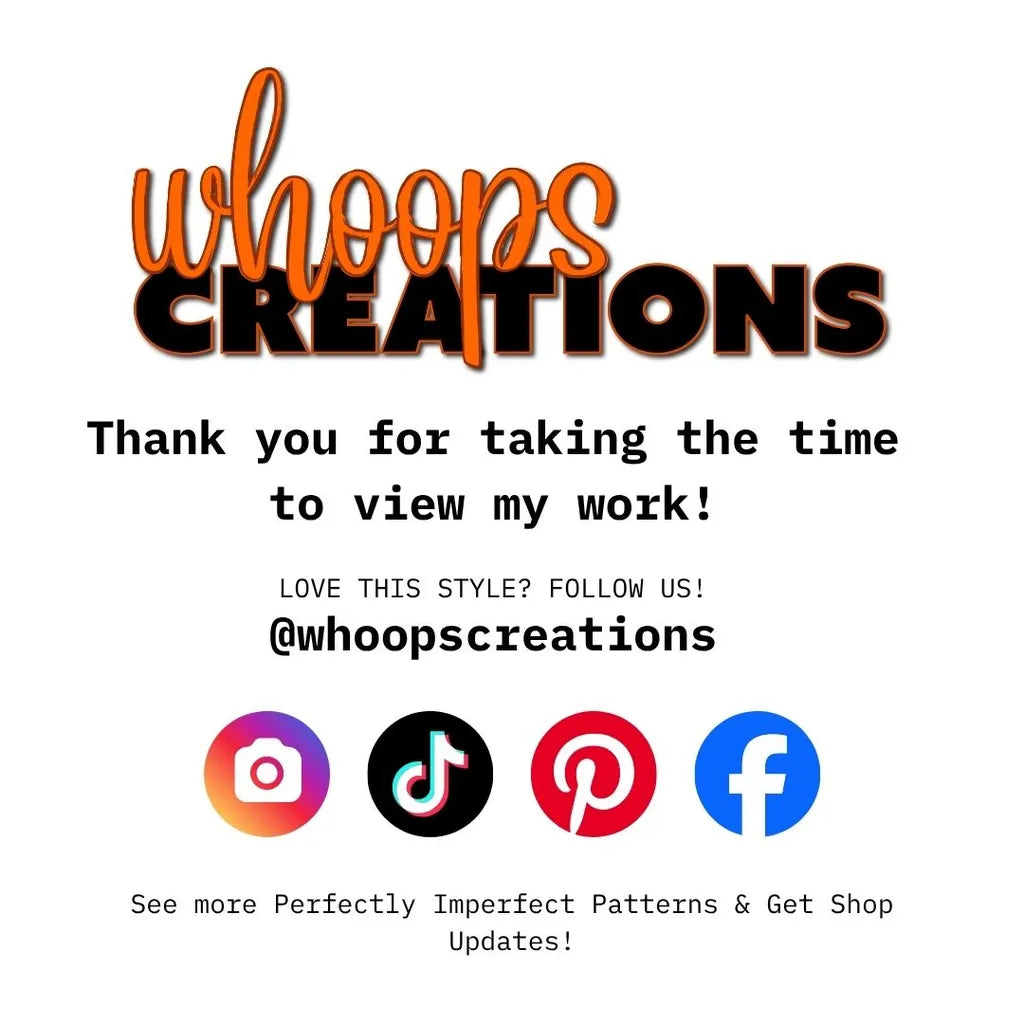 Thank you and social media card for Whoops Creations with branding and icons.