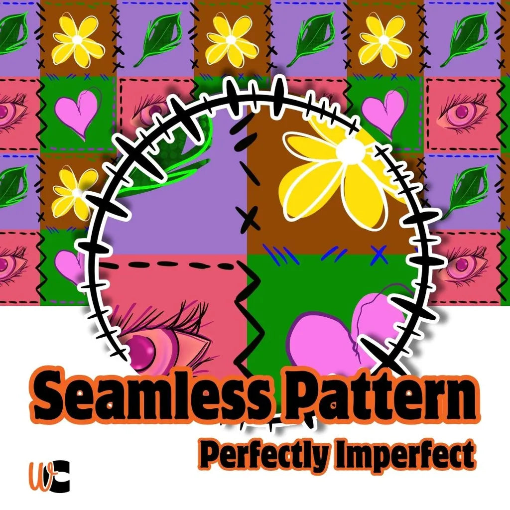 Colorful hand-drawn quilt patchwork seamless pattern featuring hearts, eyes, flowers, and leaves in bold imperfect blocks.
