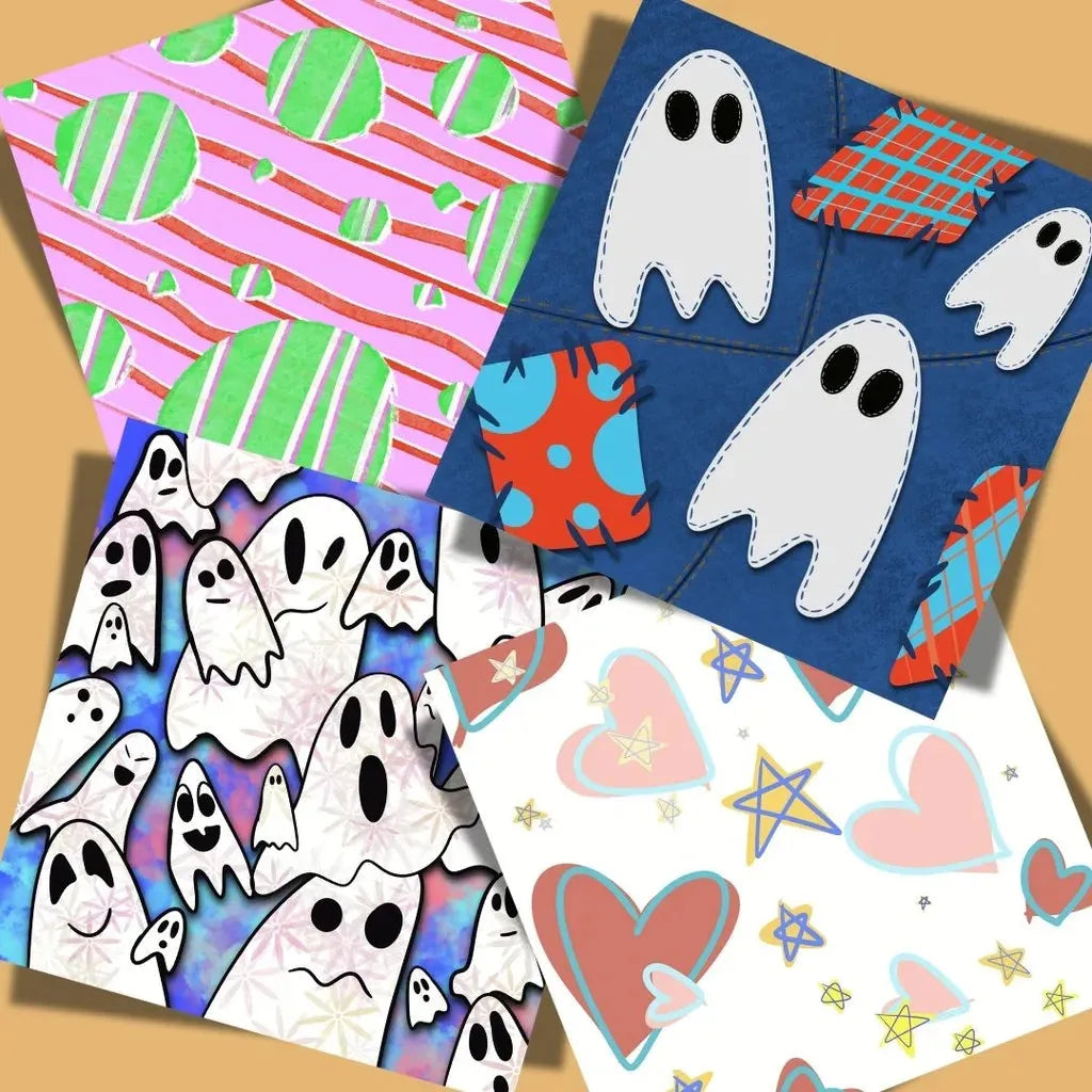 Display of four coordinating ghost and moon digital papers in a grid, including the main pattern and matching Halloween textures.
