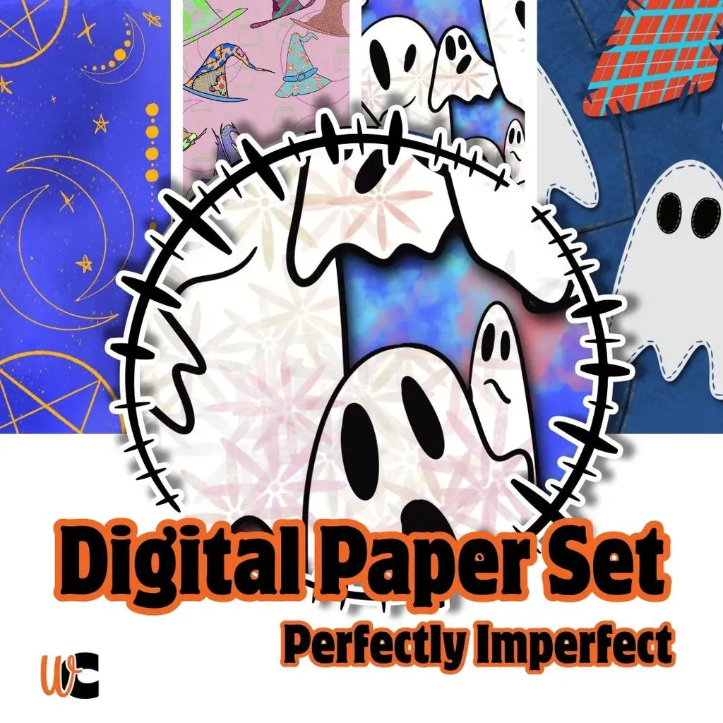 Cover graphic for a friendly spooky ghost and celestial digital paper set featuring moons, stars, and cute hand-drawn ghosts.