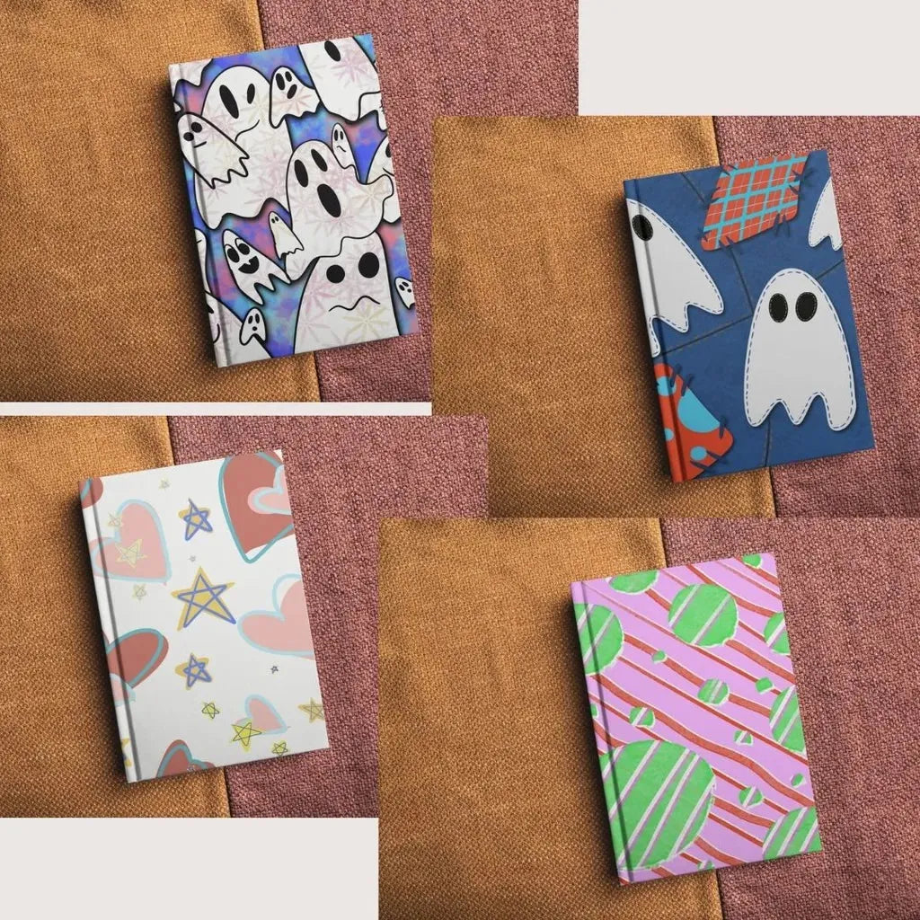 Three mockup books with the spooky ghost digital paper design printed on the covers, demonstrating use on printed materials.