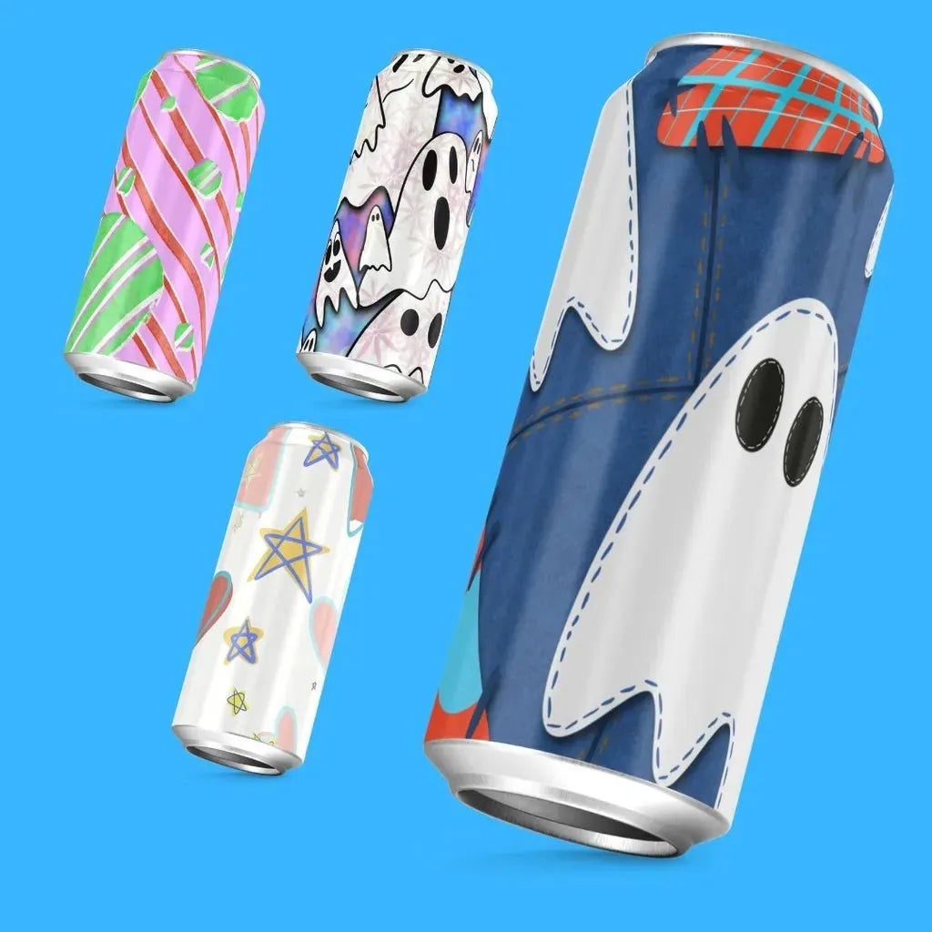 Two product mockups showing the friendly ghost design printed on tall, modern beverage cans.