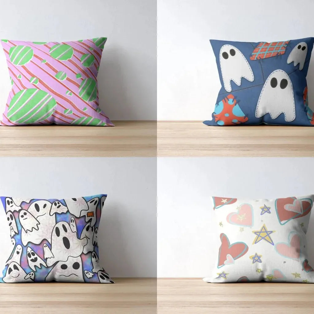 Two throw pillow mockups side-by-side, showcasing the repeating cute ghost and star pattern on fabric.