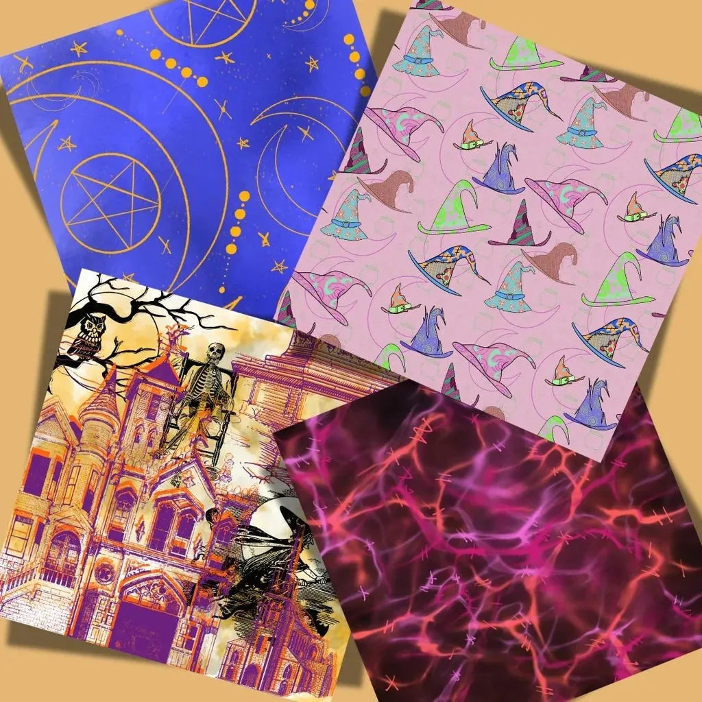 Display of four coordinating witchy-themed digital papers in a grid, including the main pattern and matching mystic textures.
