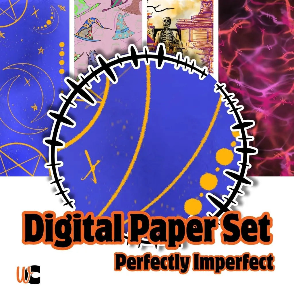 Cover graphic for a mystical witchy digital paper set featuring moons, stars, and celestial elements on a dark, patterned background.