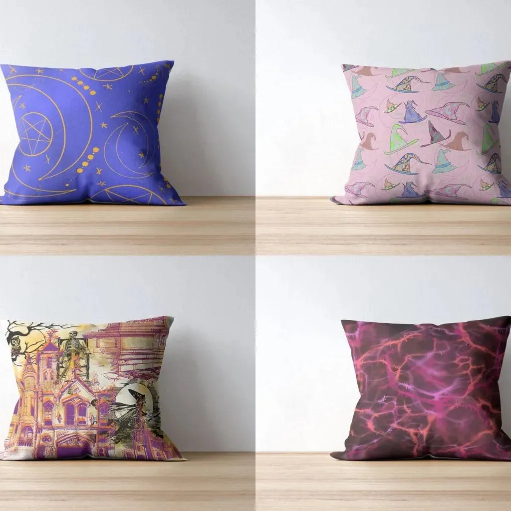 Two throw pillow mockups side-by-side, showcasing the cozy, repeating witchy celestial and moon pattern.