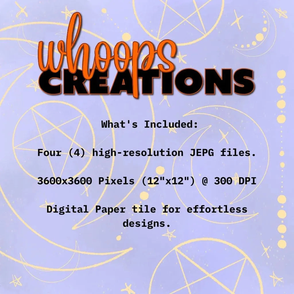 Graphic detailing what is included in the digital download: High-resolution 300 DPI PNG files for mystic scrapbooking and paper crafts.
