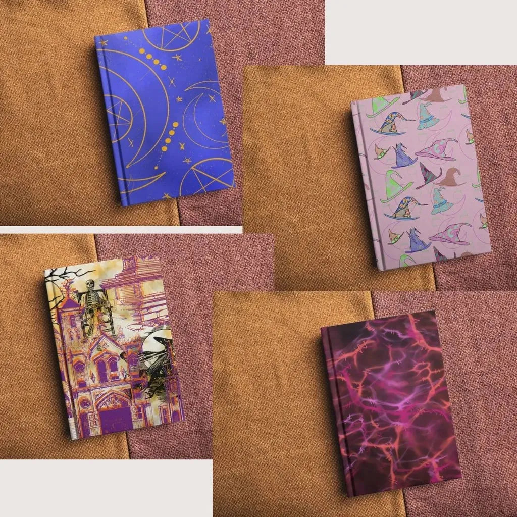 Four mockup books with the witchy celestial digital paper design printed on the covers, demonstrating use on printed materials.